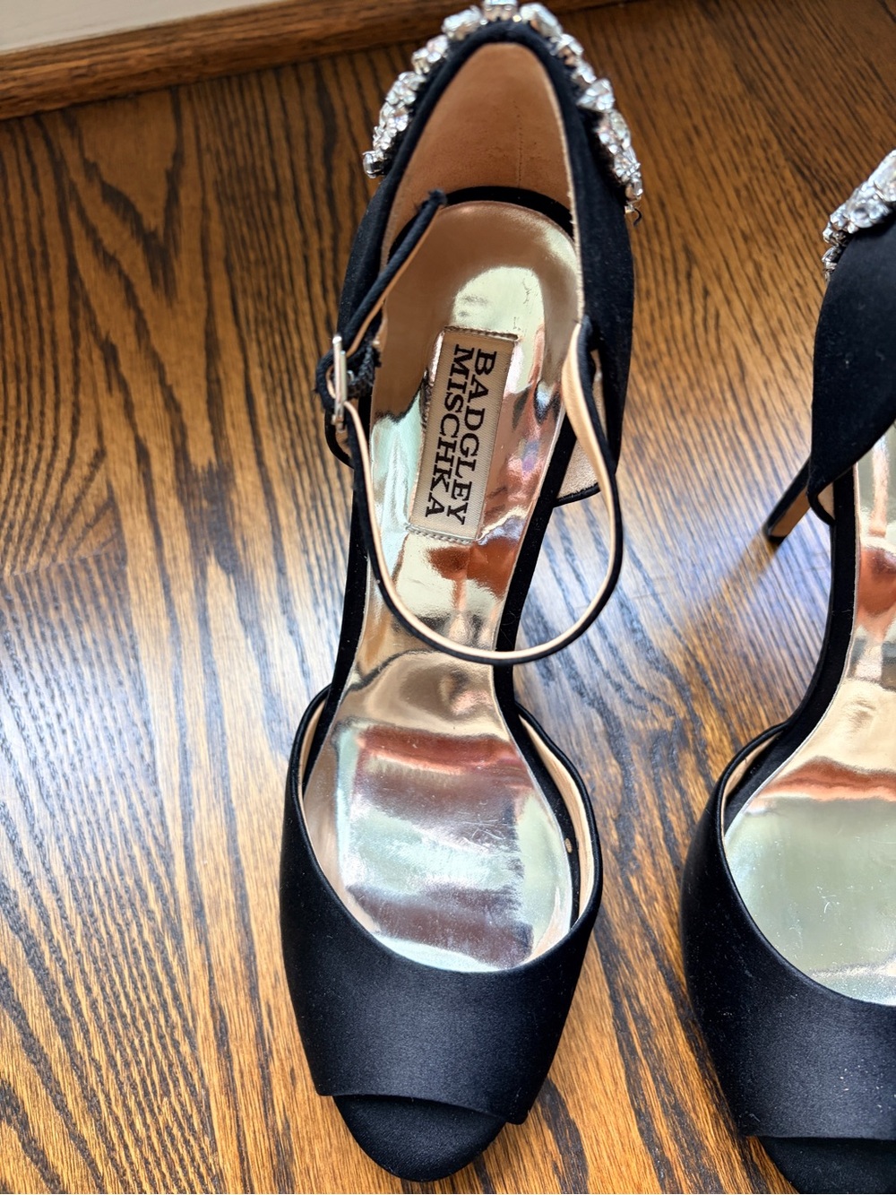 Badgley Mischka Black Satin Crystal Embellished Ankle Strap Heels size 7 - Picture 3 of 12